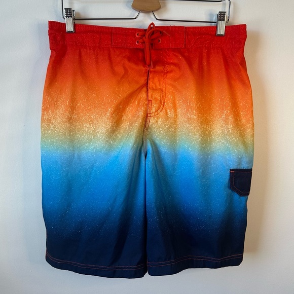 Speedo Mens Swim Trunks Board Shorts Size Large Orange Blue Ombre Splatter - Picture 1 of 9